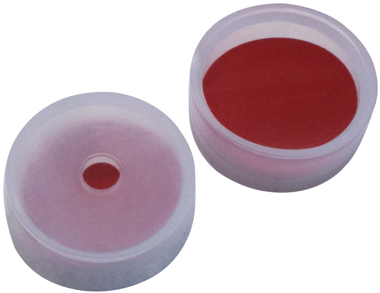 20 mm PE-Verschlusskappe, transparent, mit 4,3 mm Loch, Kappenhöhe 8,4 mm; Naturkautschuk rot-orange/TEF transparent, 60° Shore A, 1,3 mm