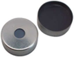 20 mm Magnetische Bördelkappe, silber lackiert, mit 5 mm Loch; Stanzscheibe Butyl grau/PTFE grau, 55° Shore A, 3,0 mm