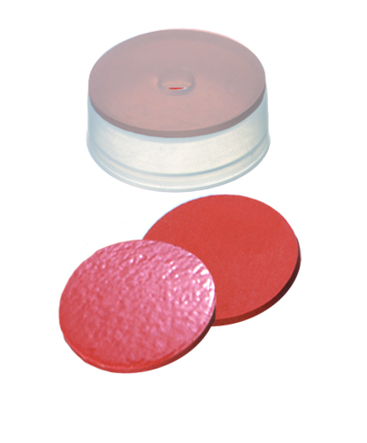 20mm Verschluss: PE Kappe, transparent, mit 4,3mm Loch, Kappenhöhe 8,4mm; Naturkautschuk rot-orange/TEF transparent, 60° shore A, 1,0mm