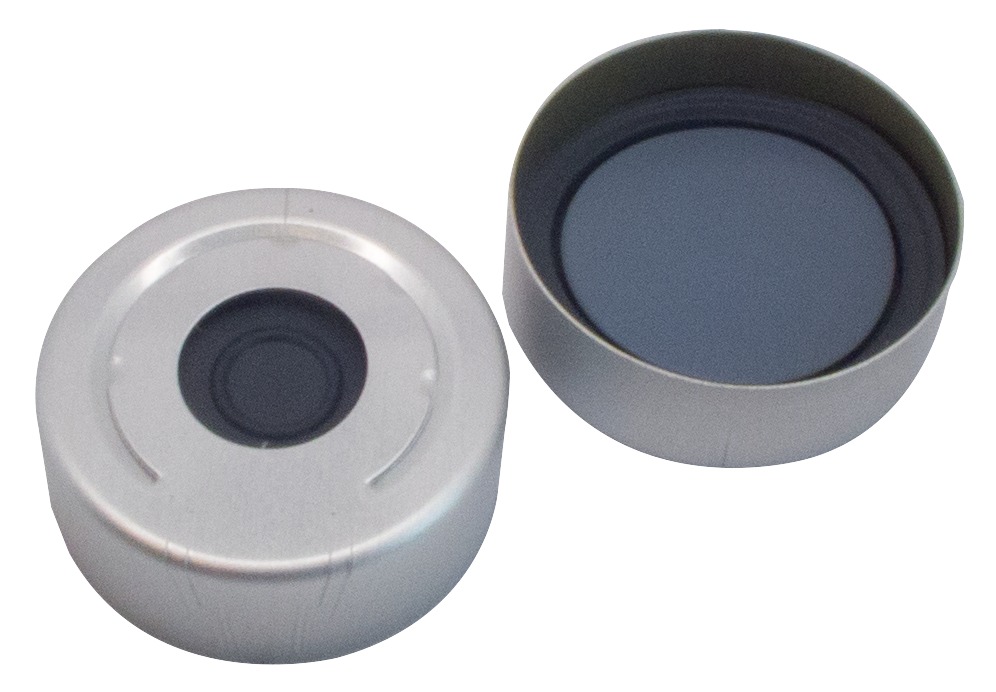 20 mm Headspace-Kappe mit Überdrucksicherung, farblos lackiert, mit Loch; Pharma-Fix-Septum, Butyl/PTFE, 50°Shore A, 3,0 mm