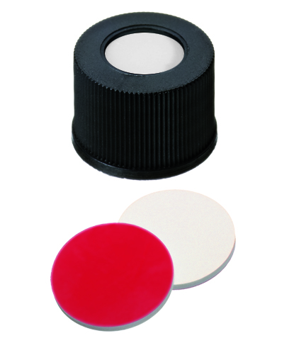 15mm Verschluss: PP Schraubkappe, schwarz, mit Loch, Gewinde 15-425; Silicon weiß/PTFE rot, 45° shore A, 1,3mm