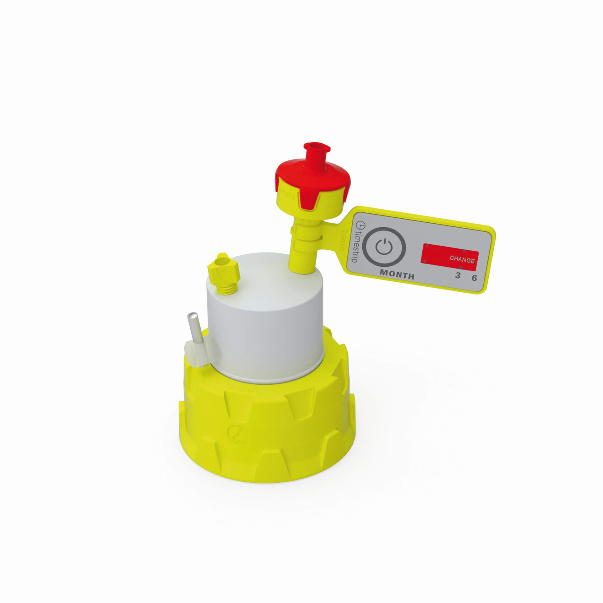 Kappe GL45 aus PP-GF gelb, Einsatz aus PTFE mit 1 Kapillaranschluss (UNF 1/4") und 1 Hahn. Zubehör: 1 Belüftungsventil mit Wechselanzeige, 2 Fittings für Schlauch-Außen-Ø 3,2 mm (1x PFA-gelb, 1x PFA-milchig-weiß).