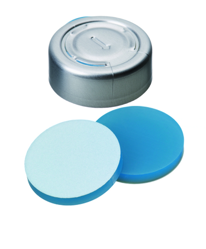 UltraClean Verschluss: 20mm Aluminium Bördelkappe, farblos lackiert, Ganzabriss; Silicon blau transparent/PTFE weiß, 45° shore A, 3,0mm