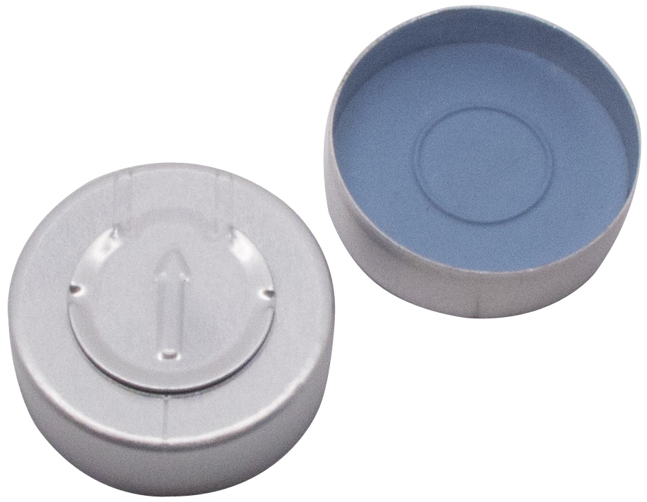20 mm Aluminium-Bördelkappe, farblos lackiert, Ganzabriss, Formscheibe Butyl, grau, 55° Shore A, 3,0 mm