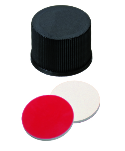 15 mm PP-Schraubkappe, schwarz, geschlossen, Gewinde 15-425; Silicon weiß/PTFE rot, 45° Shore A, 1,5 mm