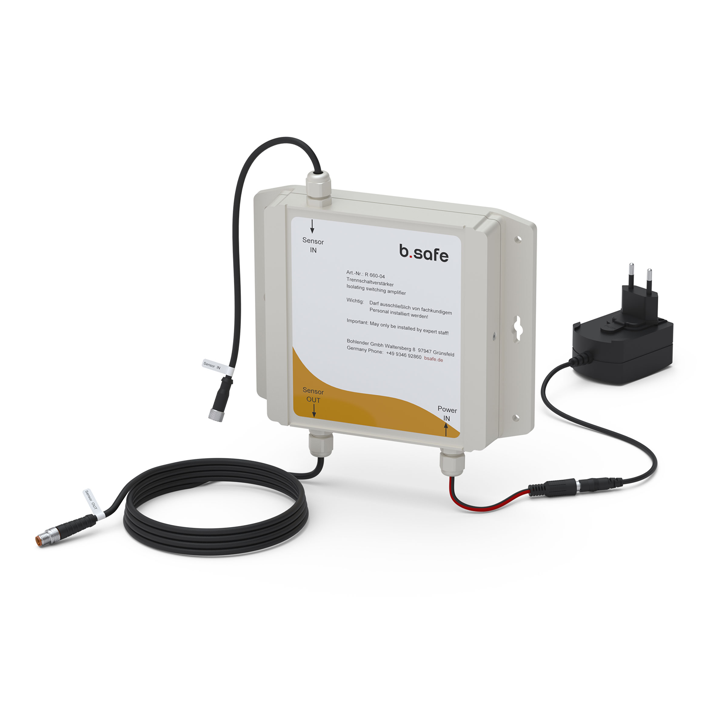 Gehäuse aus ABS (IP66), Außenabmessungen L 200 x B 200 x H 40 mm, mit fest montierten Signalkabeln (1x Sensor-In, 0,3 m / 1x Sensor-Out 2 m) zum Anschluss von 1 b.safe Füllstandssensoren und Netzteil (90-264 V / 47-63 Hz) mit Steckeraufsätzen EU, Australi