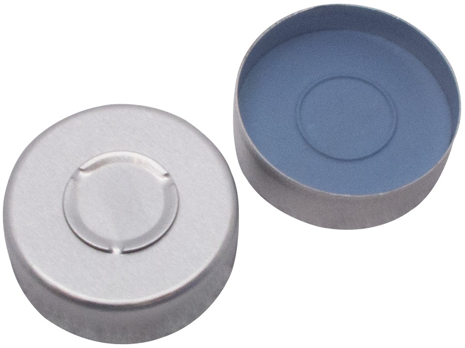 20 mm Aluminium-Bördelkappe, silber, Mittelabriss; Formscheibe Butyl, grau, 55° Shore A, 3,0 mm