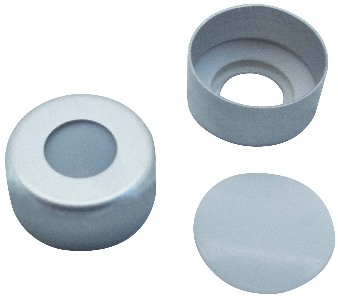 11mm Verschluss: Aluminium Bördelkappe, farblos lackiert, mit Loch, mit transp. Flachdichtung; PTFE virginal, 53° shore D, 0,25mm