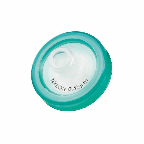 17mm HPLC Spritzenfilter, Regenerierte Cellulose (RC), Porengröße 0,45µm, Randumspritzung grün + Druck der Membrantype