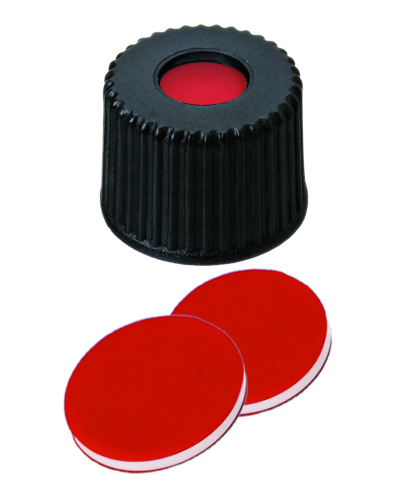 8mm PP Schraubkappe schwarz, 5,5mm Loch; PTFE rot/ Silicon weiß/ PTFE rot, 50 shore A, 1,0mm