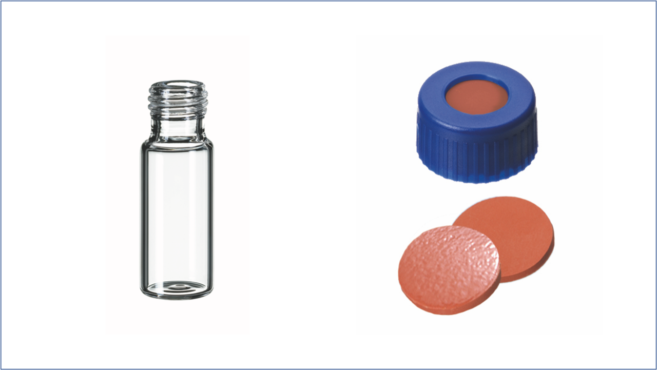 Kombi-Artikel: 1,5ml Kurzgewindeflasche, Klarglas und 9mm Kurzgewindekappe, blau, NK/TEF