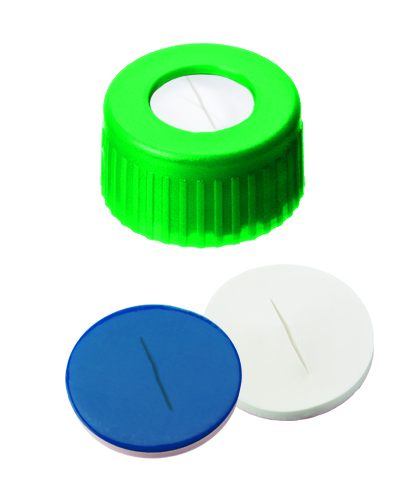 9mm PP Kurzgewindeschraubkappe, grün, 6mm Loch; Silicon weiß/ PTFE blau, 40 shore A, 1,0mm, geschlitzt