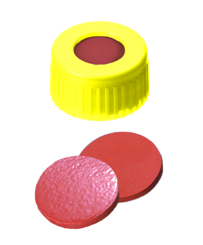 9mm Verschluss: PP Kurzgewindekappe, gelb, mit Loch; Naturkautschuk rot-orange/TEF transparent, 60° shore A, 1,0mm