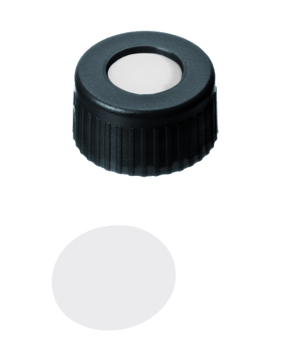 9mm Verschluss: PP Kurzgewindekappe, schwarz, mit Loch; PTFE virginal, 53° shore D, 0,2mm