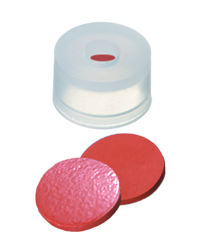 13mm Verschluss: PE Kappe, transparent, mit Loch; Naturkautschuk rot-orange/TEF transparent, 60° shore A, 1,0mm