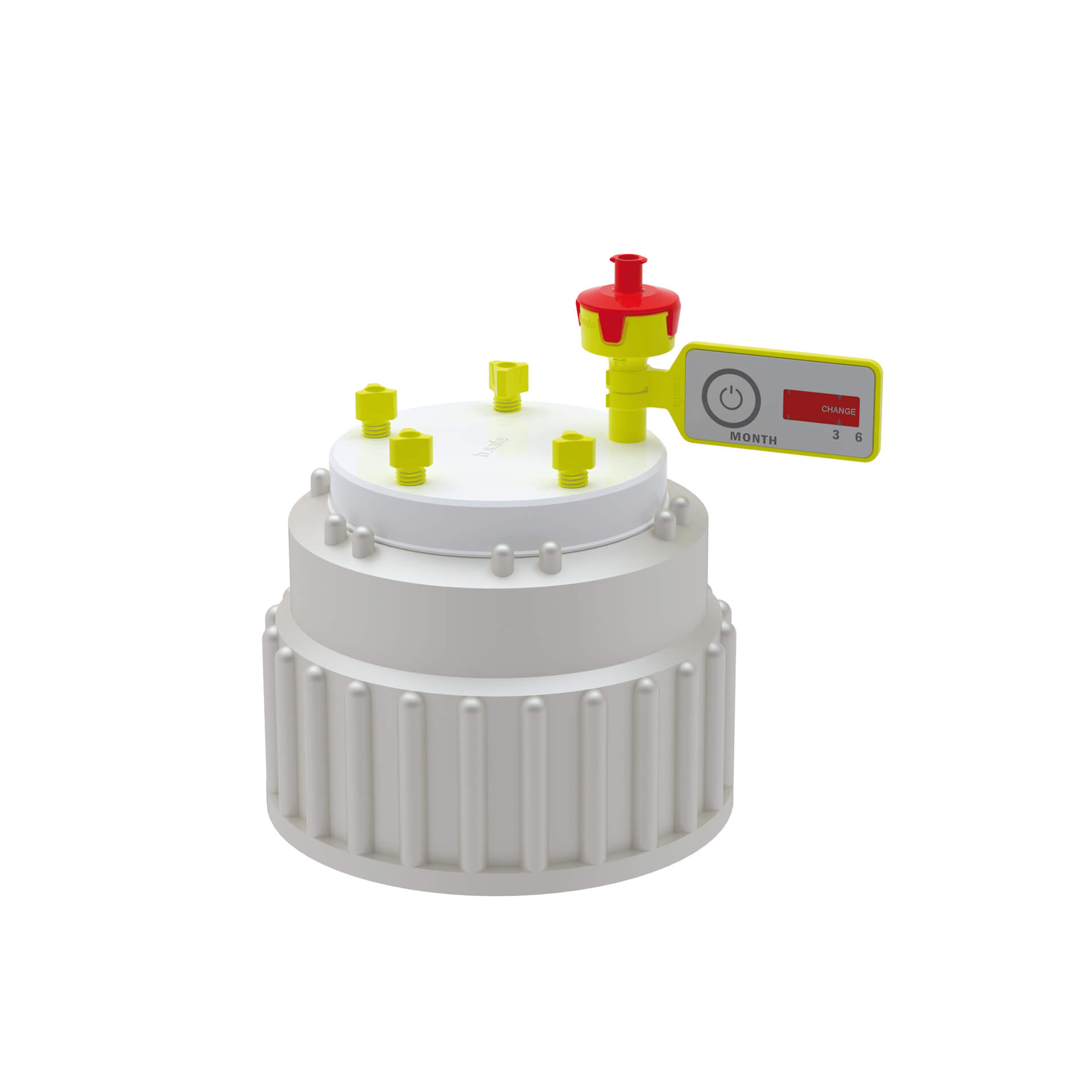 Kappe B83 aus PE, Einsatz aus PTFE mit 4 Kapillaranschlüssen (UNF 1/4"), Zubehör: Fittings aus PFA (4x gelb für Schlauch-Außen-Ø 3,2 mm), 3 Blindfittings (PFA), 1 Belüftungsventil mit Wechselanzeige