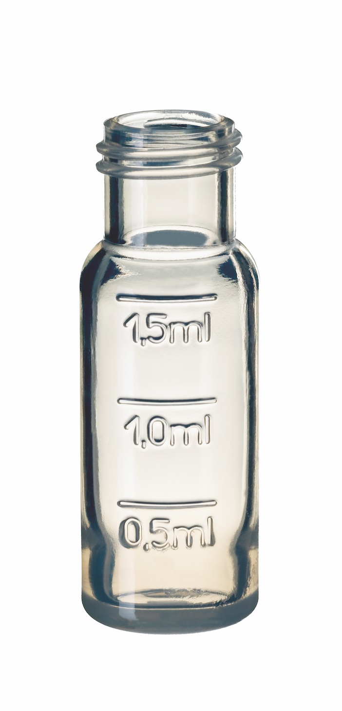 1,5ml Polypropylen-Kurzgewindeflasche, 32 x 11,6mm, transparent, mit Füllmarkierungen