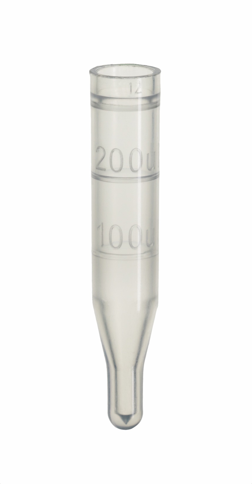 0,1ml PP Mikroeinsatz, 29 x 6mm, klar, 10mm Spitze, mit Füllmarkierung