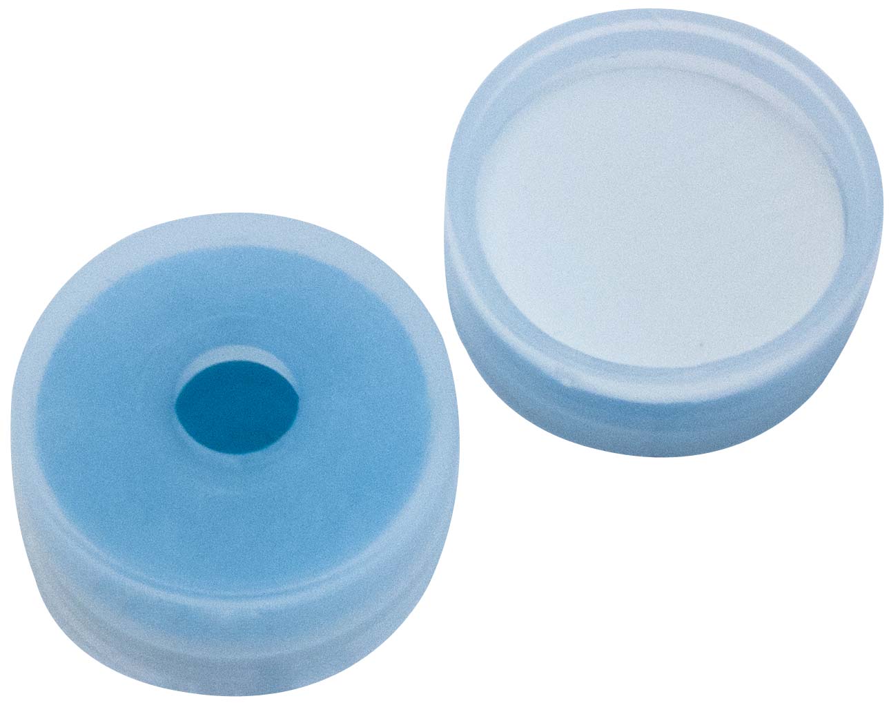 20 mm PE-Verschlusskappe, transparent, mit 6 mm Loch, Kappenhöhe 9,1 mm; Silicon blau transparent/PTFE weiß, 45° Shore A, 1,3 mm, kreuzgeschlitzt
