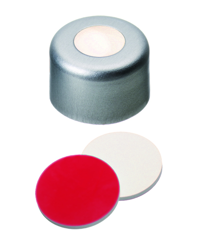 UltraClean Verschluss: 8mm Aluminium Bördelkappe, farblos lackiert, mit Loch; Silicon creme/PTFE rot, 55° shore A, 1,5mm