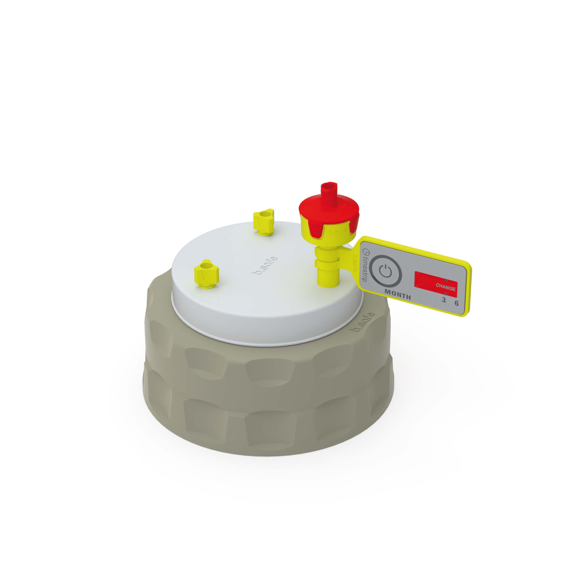 Kappe GLS80 aus PP-grau, Einsatz aus PTFE mit 2 Kapillaranschlüssen (UNF 1/4"). Zubehör: 1 Belüftungsventil mit Wechselanzeige, 2 Fittings für Schlauch-Außen-Ø 3,2 mm (PFA-gelb), 1 Blindfitting (PFA-milchig-weiß).