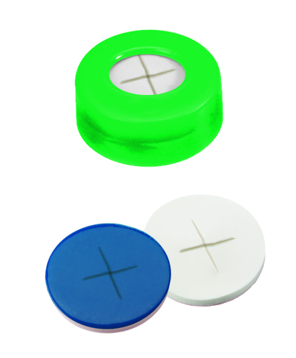 11mm Verschluss: PE Schnappringkappe, grün, mit Loch; Silicon weiß/PTFE blau, 55° shore A, 1,0mm, kreuzgeschlitzt