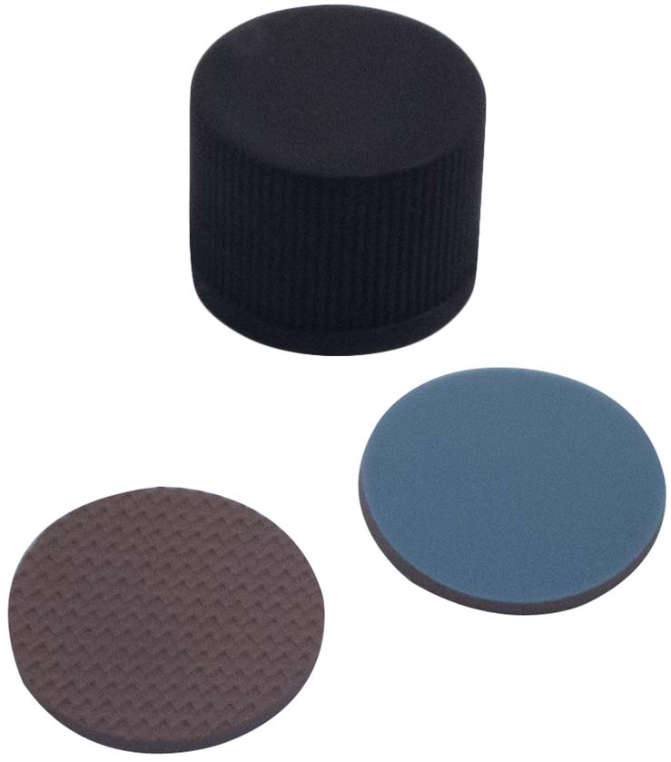 18 mm PP-Schraubkappe, schwarz, geschlossen (Gewinde 18-400); Butyl rot/PTFE grau, 55° Shore A, 1,6 mm