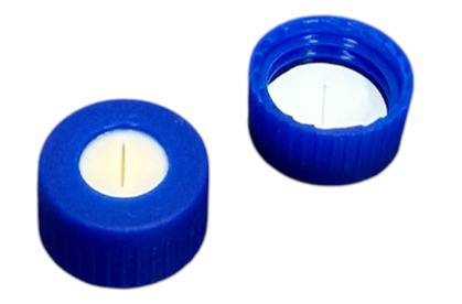 9 mm UltraBond Verschluss: PP-Kurzgewindekappe, blau, mit Loch; Silicon beige/PTFE weiß, 45° Shore A, 1,0 mm, geschlitzt