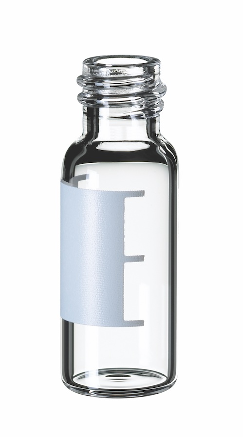 1,5ml Gewindeflasche, 32x11,6mm, Klarglas, 1. hydrol. Klasse, enge Öffnung, Schriftfeld u. Füllmakierung