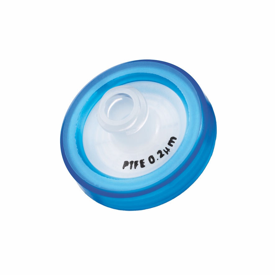 17mm HPLC Spritzenfilter, PTFE, Porengröße 0,2µm, Randumspritzung blau + Druck der Membrantype