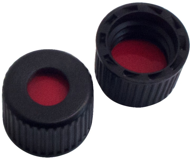 8 mm PP-Schraubkappe, schwarz, mit Loch; PTFE rot/Silicon weiß/PTFE rot, 45° Shore A 1,0 mm