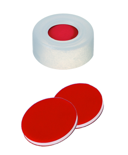 11mm PE- Schnappringkappe, transparent, 5mm Loch; 11mm Scheibe, PTFE rot/ Silicon weiß/ PTFE rot, 40 shore A, 1,0mm