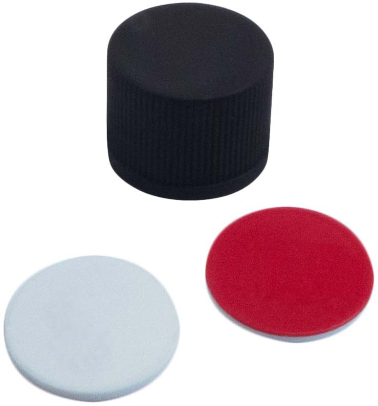13 mm PP-Schraubkappe, schwarz, geschlossen; Silicon creme/PTFE rot, 55° Shore A, 1,5 mm