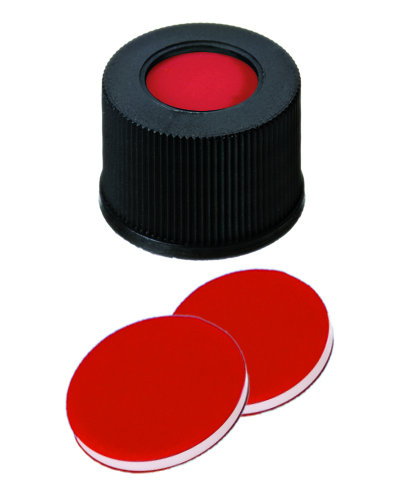 10mm Verschluß: PP-Schraubkappe, schwarz, mit Loch, mit Gewinde 10/425; PTFE rot/Silicon weiß/PTFE rot, 35° shore A, 1,0mm