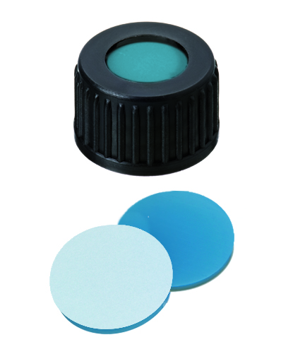 18mm Verschluss: PP Schraubkappe, schwarz, mit Loch; Silicon blau transparent/PTFE weiß, 45° shore A, 1,5mm