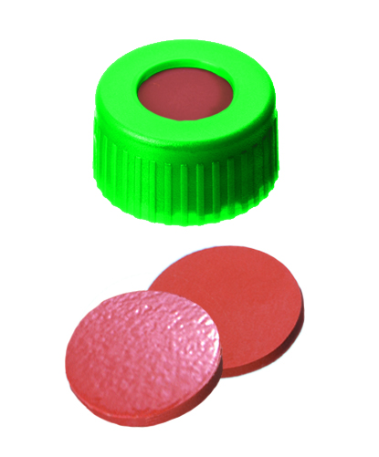 9mm Verschluss: PP Kurzgewindekappe, grün, mit Loch; Naturkautschuk rot-orange/TEF transparent, 60° shore A, 1,0mm