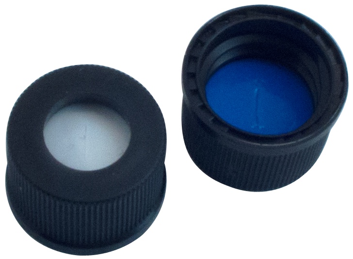 10 mm PP-Schraubkappe, schwarz, mit Loch; Silicon weiß/PTFE blau, 1,5 mm, 55 Shore A, geschlitzt