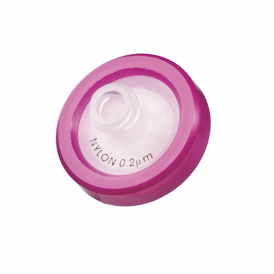 15mm HPLC Spritzenfilter, PTFE, Porengröße 0,45µm, Randumspritzung lila + Druck der Membrantype