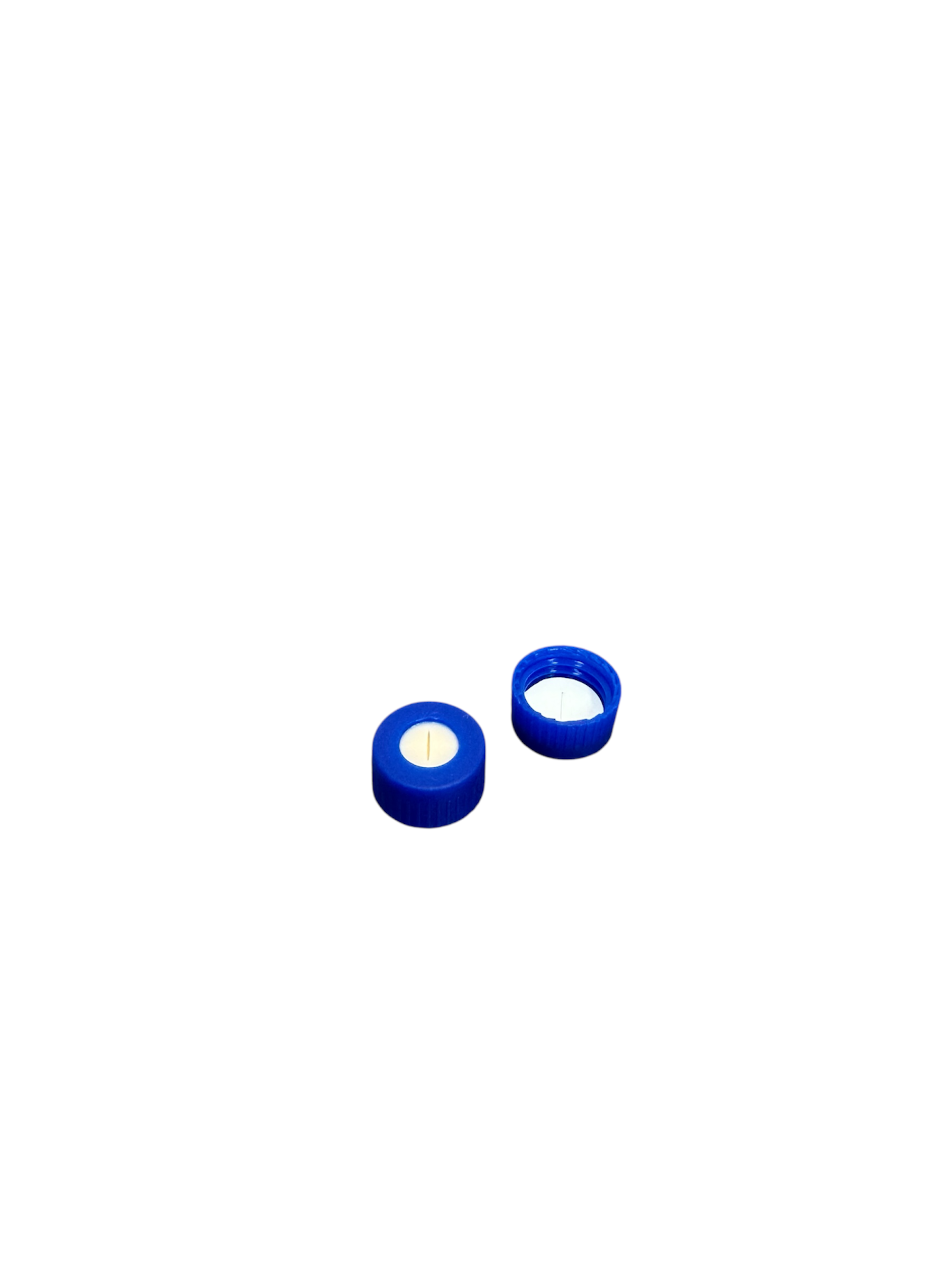 9mm UltraBond Verschluss: PP Kurzgewindekappe, blau, mit Loch; Silicon beige/PTFE weiß, 45° shore A, 1,0mm, geschlitzt