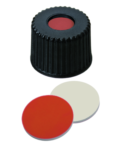 8mm Verschluss: PP Schraubkappe, schwarz, mit Loch; RedRubber / PTFE beige, 45° shore A, 1,0mm