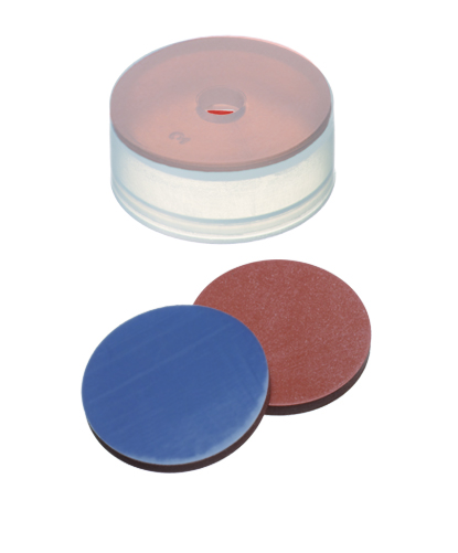 20mm Verschluss: PE Kappe, transparent, mit 4,3mm Loch, Kappenhöhe 9,1mm; Butyl creme/PTFE grau, 55° shore A, 1,3mm