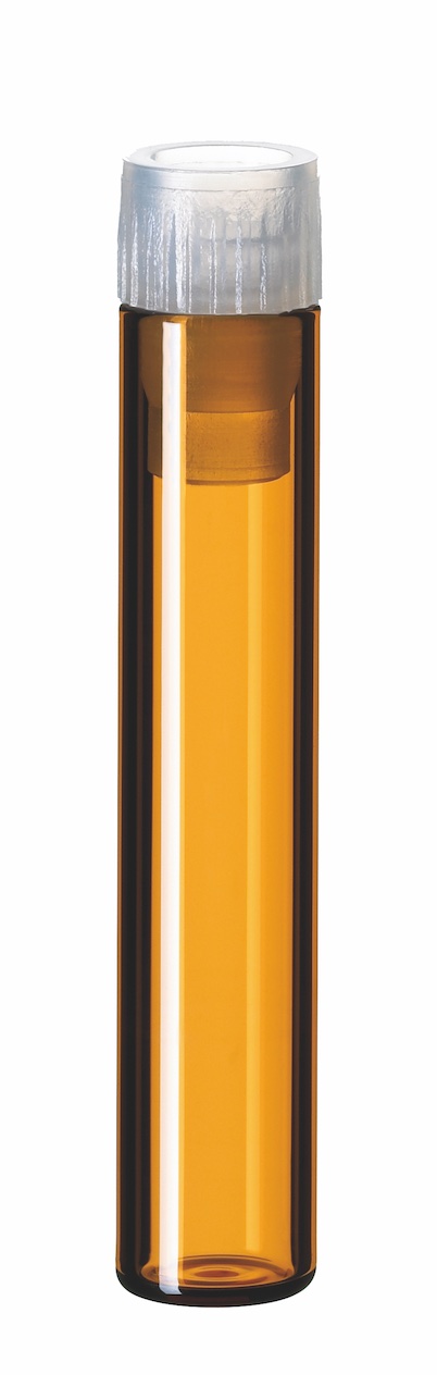1 ml Flachbodenglas, (0535+0555), 40 × 8 mm, Braunglas, 8 mm PE-Stopfen, transparent (mit ESP)