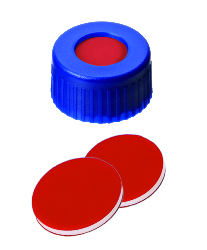 9mm PP Kurzgewindeschraubkappe, blau, 6mm Loch; 9mm Scheibe, PTFE rot/ Silicon weiß/ PTFE rot, 50 shore A, 1,0mm