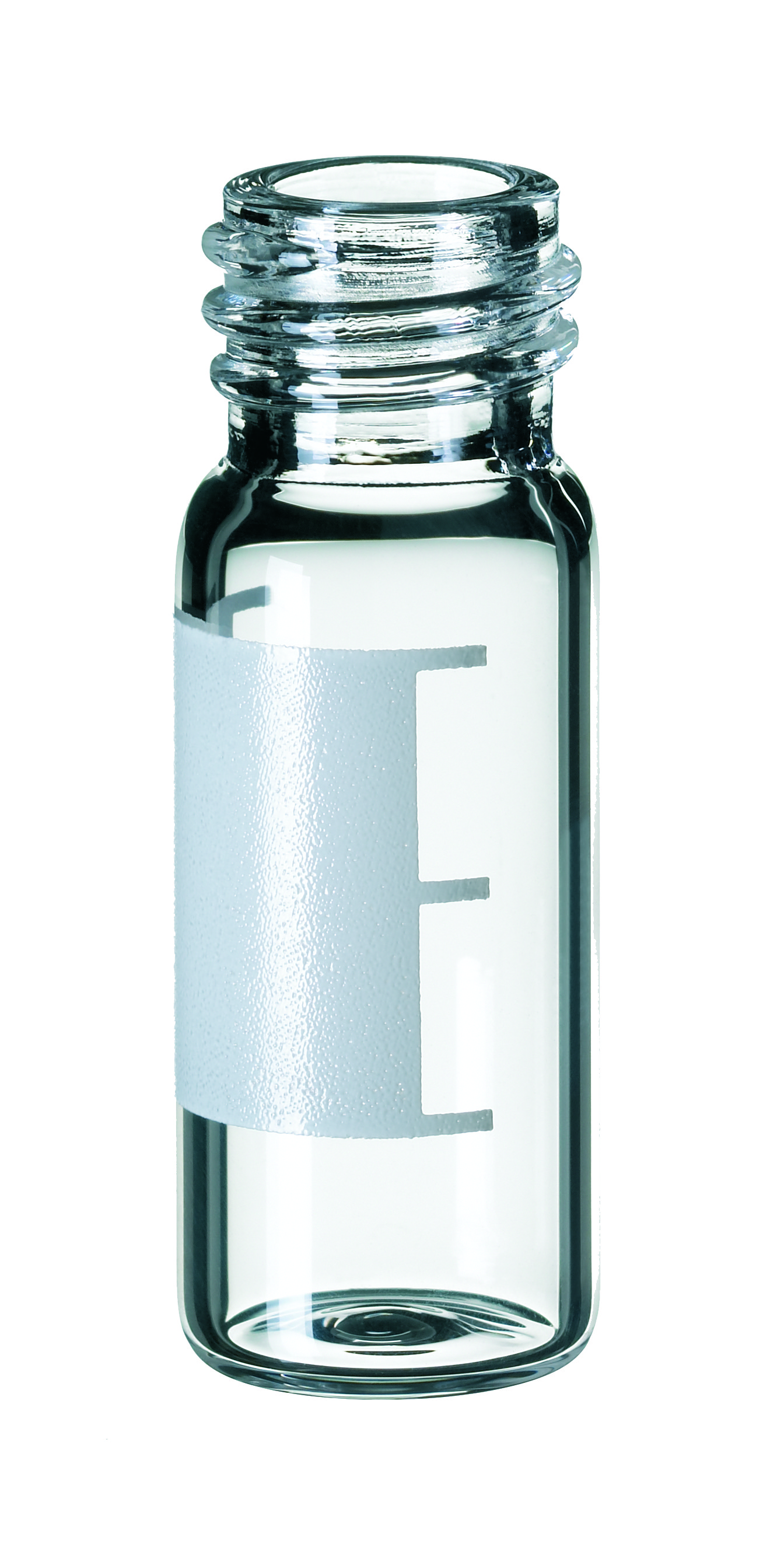 1,5 ml Gewindeflasche ND10, 32 × 11,6 mm, Klarglas, 1. hydrolytische Klasse, weite Öffnung, mit Schriftfeld und Füllmarkierungen