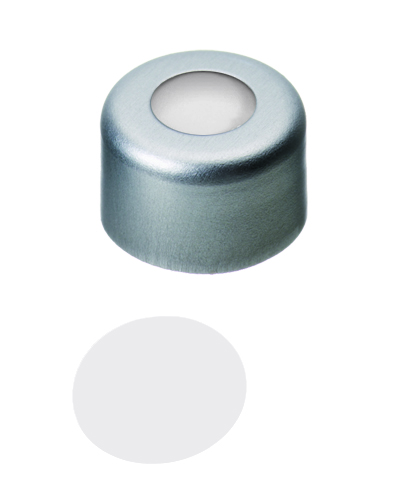 8mm Verschluss: Aluminium Bördelkappe, farblos lackiert, mit Loch; PTFE virginal, 53° shore D, 0,25mm