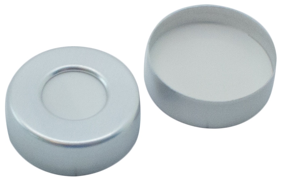 20 mm Aluminium-Bördelkappe, silber lackiert, mit Loch; Silicon weiß/PTFE weiß, 45° Shore A, 3,2 mm (HT Qualität)