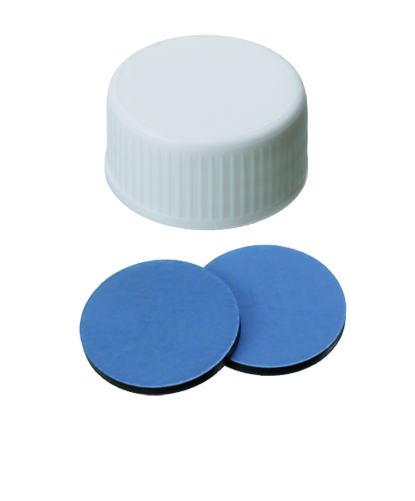 24 mm PP-Schraubkappe, weiß, geschlossen; PTFE/EPDM schwarz/PTFE, 65° Shore A, 2,0 mm