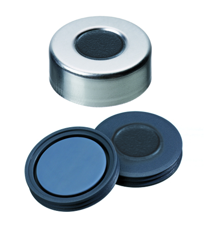 20mm Verschluss: Aluminium Bördelkappe, walzblank, mit Loch; Pharma-Fix-Septum, Butyl/PTFE, 50° shore A, 3,0mm