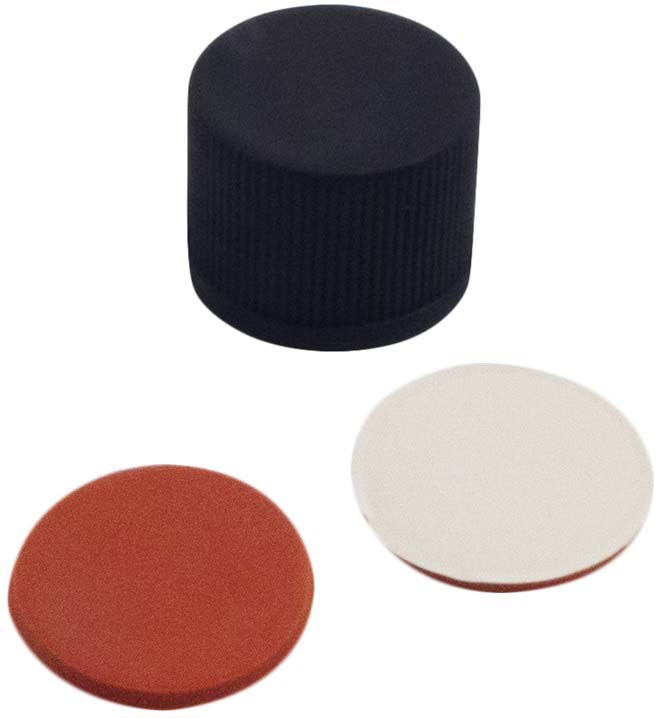 8 mm PP-Schraubkappe, schwarz, geschlossen; RedRubber/PTFE beige, 45° Shore A, 1,0 mm