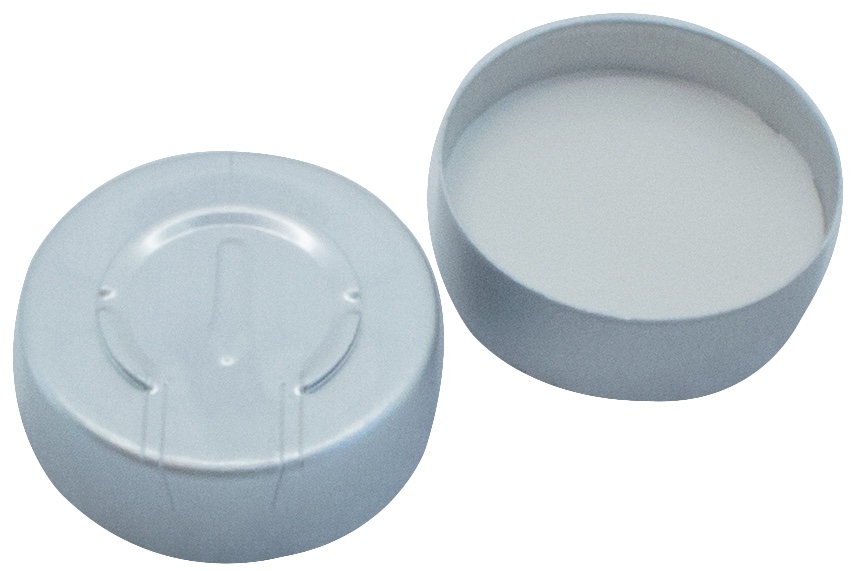 20 mm UltraClean Aluminium-Bördelkappe, farblos lackiert, Ganzabriss; Silicon blau transparent/PTFE weiß, 45° Shore A, 3,0 mm